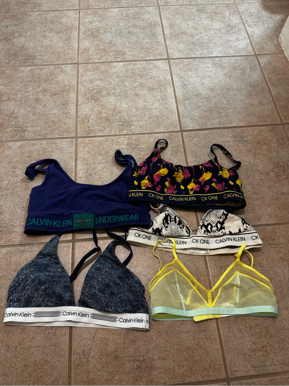 Calvin Klein Women’s Bralette Pack - Navy, Floral, Snake, Heather, Yellow 6 bras